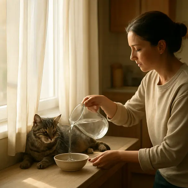 Owner topping up water bowl for a relaxed tabby cat on a sunny windowsill in a cozy kitchen