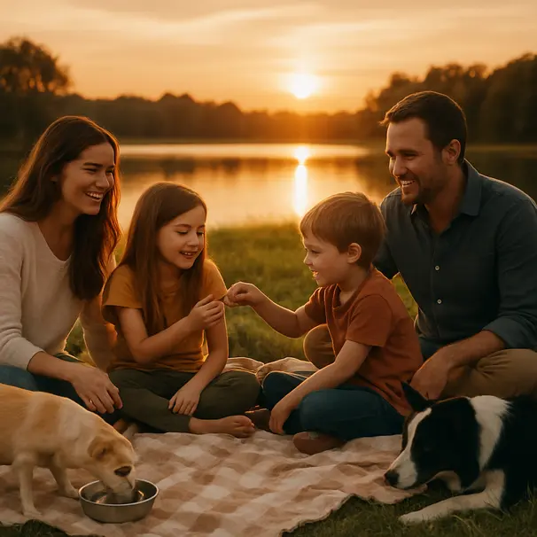 Picnic familiar al atardecer junto a un lago, niños y adultos con mascotas en una manta