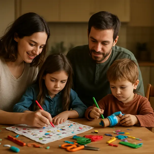 Familia haciendo manualidades en la cocina para su mascota, niños pintando y un gato observando