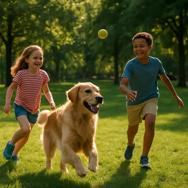 Niños jugando con un perro en un parque soleado, lanzando una pelota y riendo