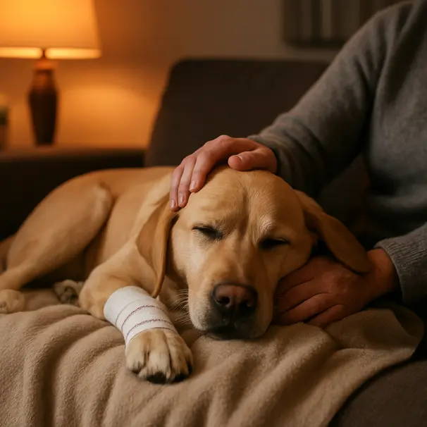 Labrador lying on a blanket with a bandaged paw while an owner gently cuddles on a couch in warm evening light.