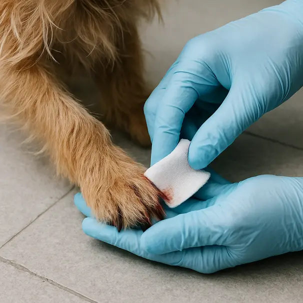 Close-up of a terrier's paw with a minor nail injury being cleaned with saline and gauze by gloved hands indoors.