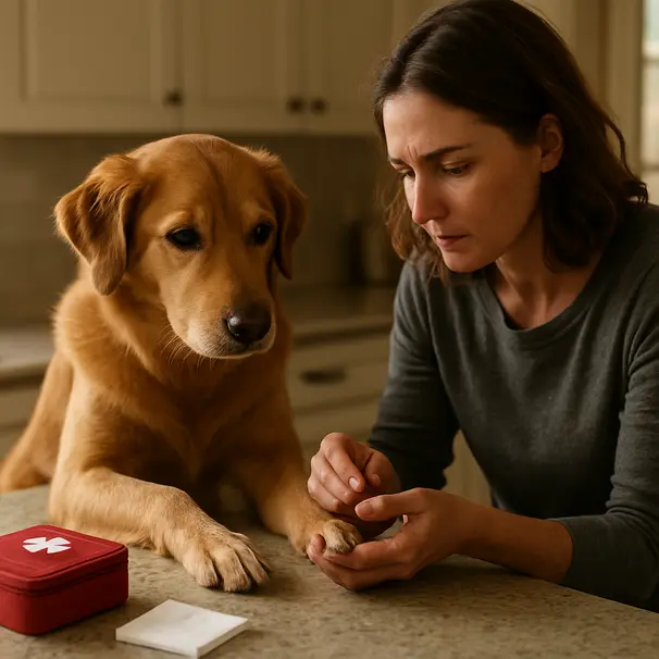 Owner gently inspecting a golden retriever mix's paw at a kitchen counter, showing a broken nail and a small first-aid kit nearby.