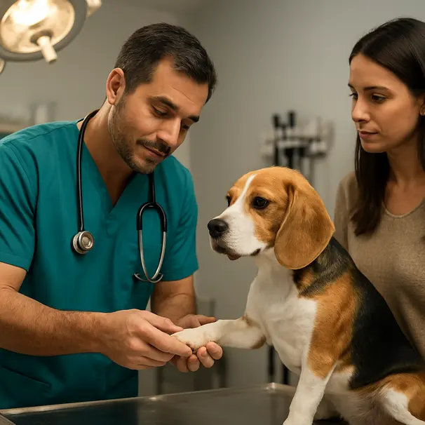 Veterinarian in scrubs examining a beagle's paw on an exam table, owner standing nearby, clinical environment visible.