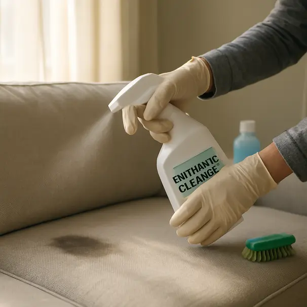 Person cleaning a sofa cushion stain with an enzymatic spray cleaner in a sunlit living room, gloves and cleaning supplies visible.