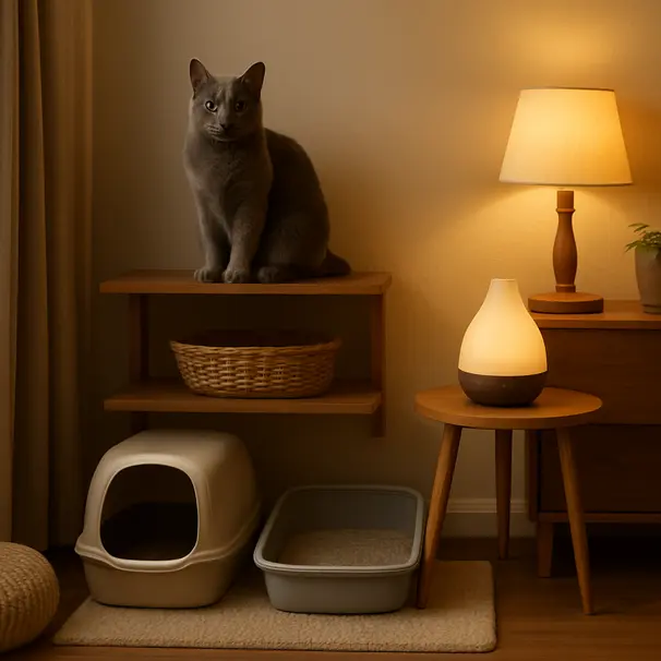 Organized litter area in a home with two litter boxes, a grey cat on a shelf, and a calming diffuser nearby, showing a cat-friendly setup.