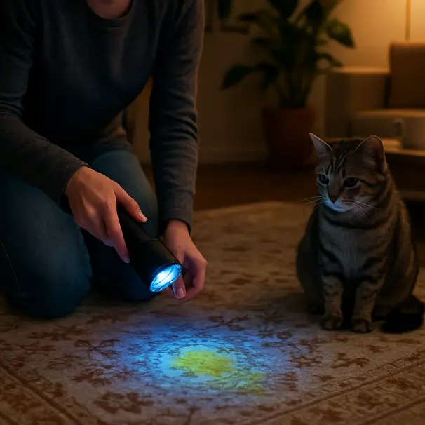 Person using a UV blacklight on a living room carpet to reveal hidden cat urine stains while a tabby cat watches nearby.