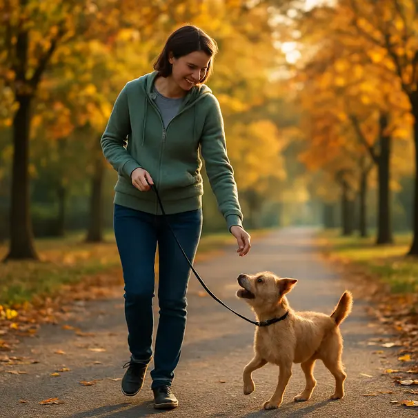 Pet carer führt einen kleinen Terrier an der Leine in einem baumgesäumten Parkspaziergang, morgendliche Stimmung