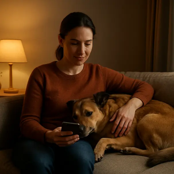 Pet carer sitzt abends auf dem Sofa und schickt ein Update, der gemischtrassige Hund kuschelt entspannt daneben