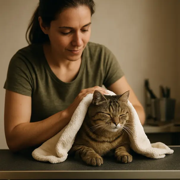 Pet carer towel-drying a relaxed tabby cat on a grooming table with grooming tools visible, calm indoor environment