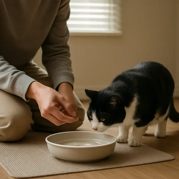 Person offering a treat to a black-and-white cat near a shallow basin of warm water in a home, calm introduction scene