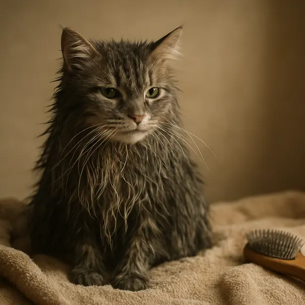 Long-haired grey cat on a towel with slightly damp fur, grooming brush beside it, calm indoor setting