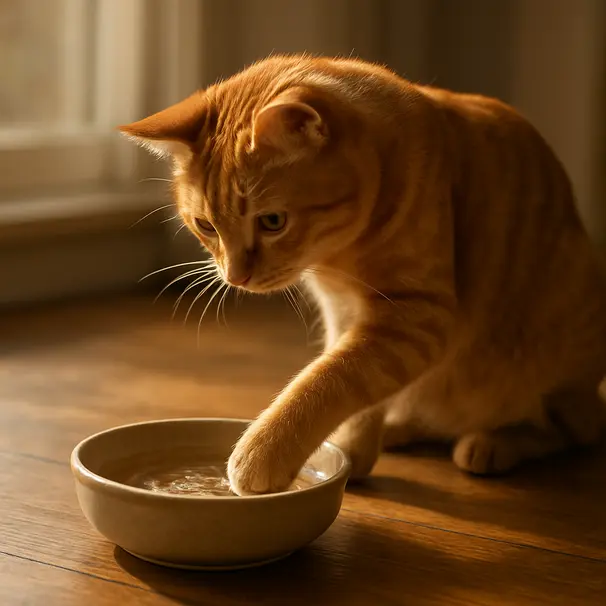 Ginger tabby cat indoors touching shallow water in a ceramic bowl with one paw, sunlight on wooden floor, curious pose