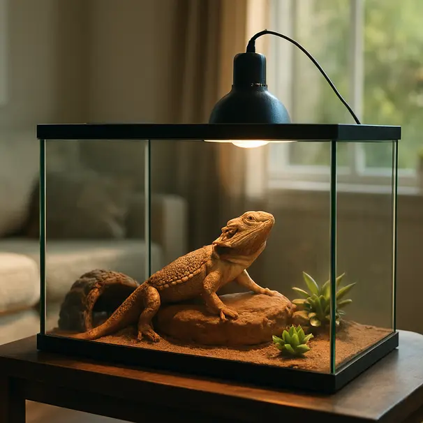 Bearded dragon basking on a rock inside a sunlit glass terrarium with a cork hide and plants, placed on a shelf in a living room.