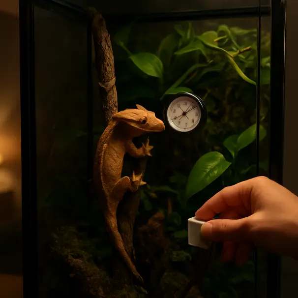 Crested gecko on a vertical branch inside a tall planted terrarium, a pet carer adjusting a humidity device, showing climbing space and foliage.
