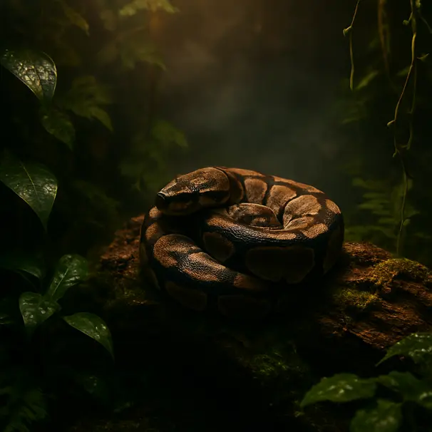 Ball python curled on a mossy log inside a planted rainforest vivarium with mist and soft evening lighting, showing live plants and thick vines.