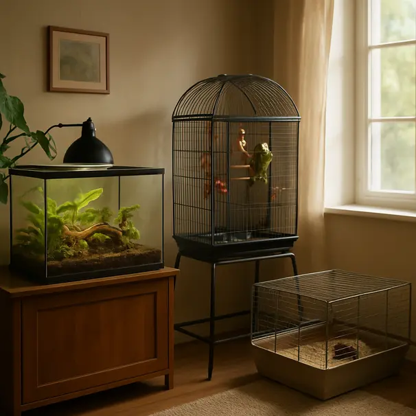 A tidy pet-care room showing a terrarium with a basking lamp, a bird cage by a window, and a small mammal playpen in daylight.