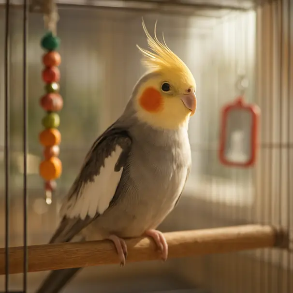Cockatiel sitting on a perch near a sunlit window with colorful toys in its cage.