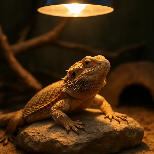 Bearded dragon resting on a rock under a heat lamp inside a terrarium with branches and a hide.