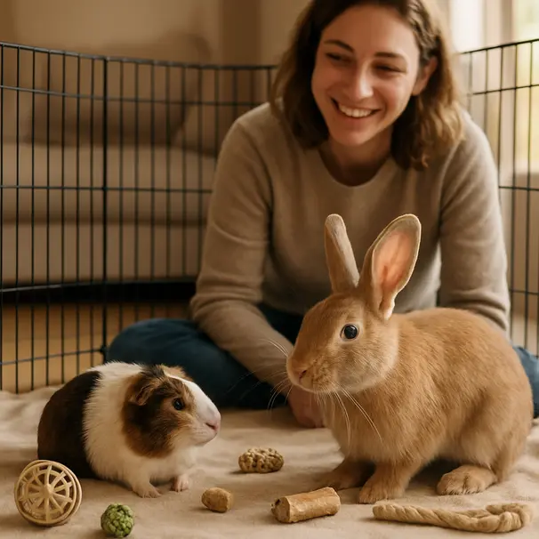 A rabbit and guinea pig exploring a supervised indoor playpen with a carer watching nearby.