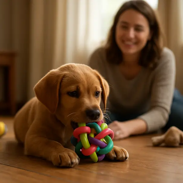 Puppy chewing a rubber toy on a hardwood floor with an owner watching in a warm sunlit room