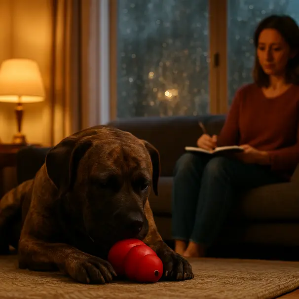 Brindle dog working on a stuffed Kong in a cozy living room with rain visible outside and a pet sitter nearby