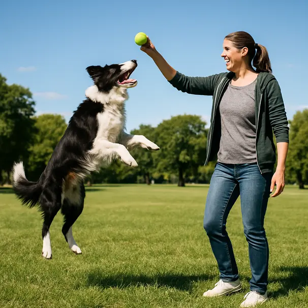 Adult border collie jumping to catch a ball in a sunny park during a play session with a pet carer