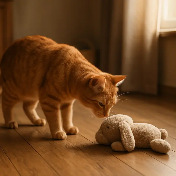 Ginger cat sniffing a toy in a sunlit living room, exploring scent cues in the home environment