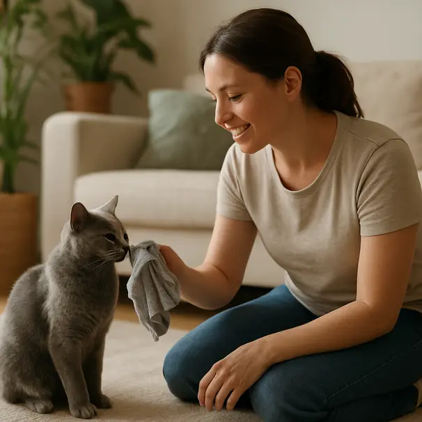 Pet carer presenting a worn T-shirt to a calm grey cat indoors to help the cat become comfortable with a familiar scent