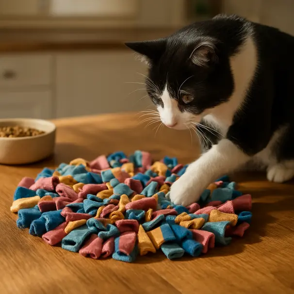 Black-and-white cat exploring a homemade sniff mat on a kitchen table, searching for hidden treats during enrichment play