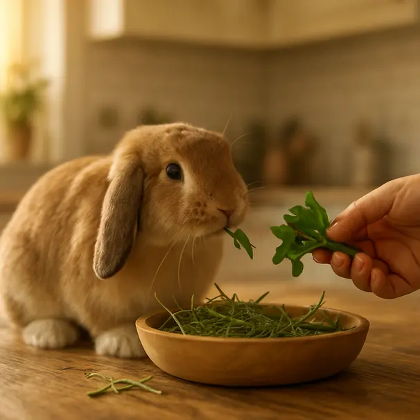 A lop-eared rabbit in a sunlit kitchen nibbling hay from a wooden feeder while an owner offers leafy greens, warm morning light and homey table visible.