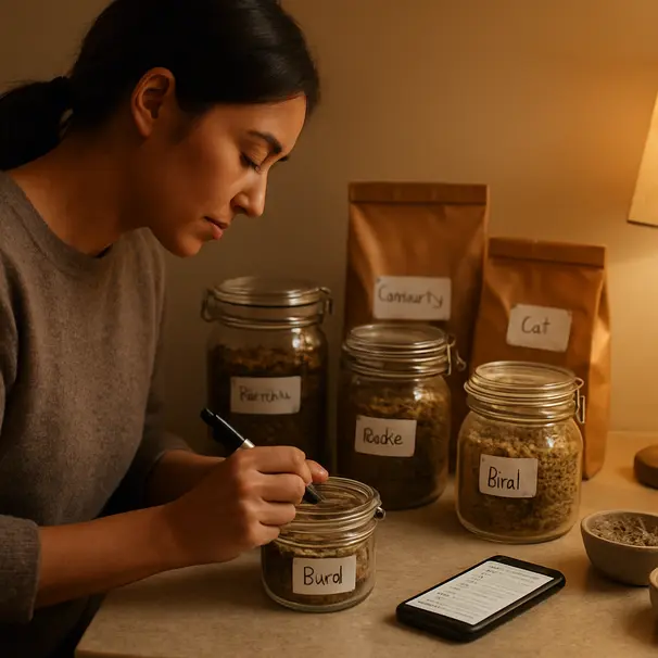 Pet carer indoors labeling food containers and checking a feeding log on a phone, small-pet food jars and hay in the background under soft lamp light.
