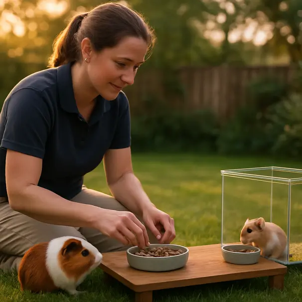 Pet carer outdoors at dusk setting measured bowls for a guinea pig and a hamster, garden background with soft golden light, different breeds and feeding tools visible.