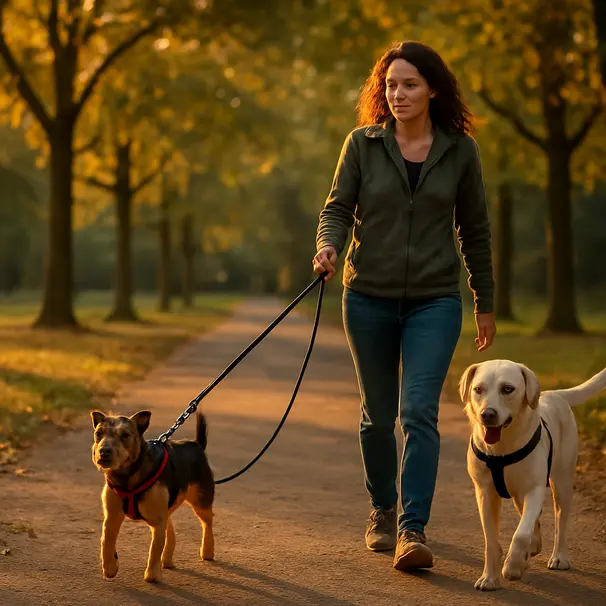 Dog walker in a tree-lined park walking a terrier and a labrador on harnesses during golden hour