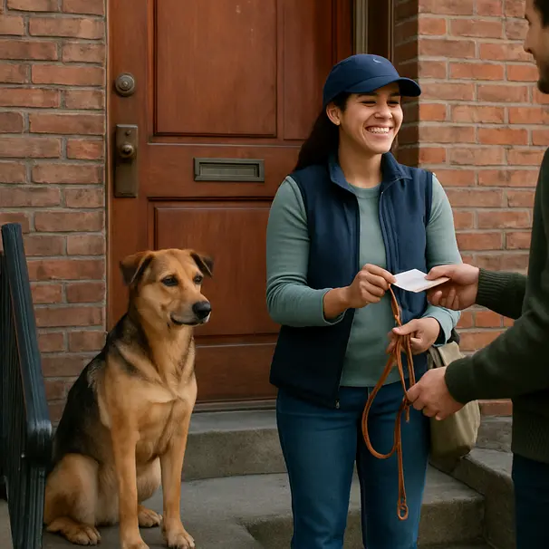 Pet carer and owner exchanging a leash at a front door while a calm mixed-breed dog waits on the stoop