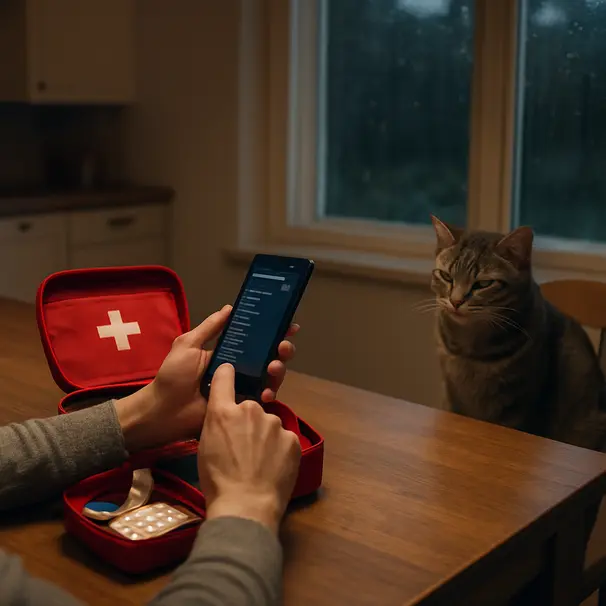 Pet carer at a kitchen table reviewing emergency contacts on a phone with a first aid kit open and a cat nearby