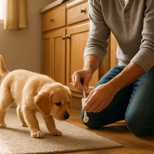 Golden retriever puppy in a sunlit kitchen with owner installing cabinet locks during home pet-proofing