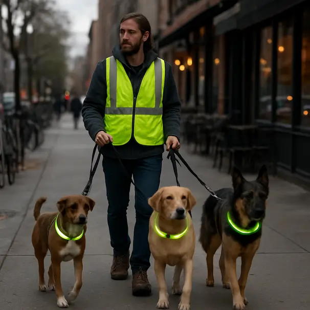 A professional dog walker leading three dogs of different breeds down a city sidewalk, wearing reflective gear and LED collars