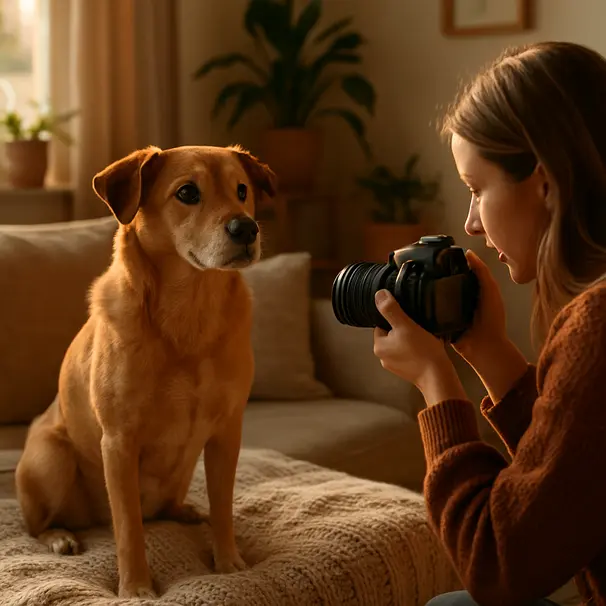 A mixed-breed dog on a knitted blanket in a warm living room, owner photographing the dog during golden hour