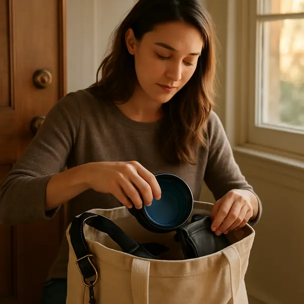 A woman packing a canvas bag with a leash, collapsible water bowl, and treat pouch before a dog walk, indoor entryway scene
