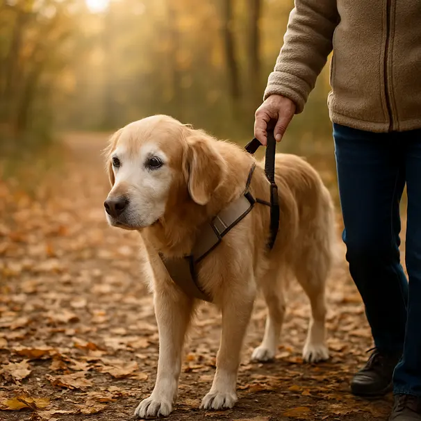 A senior golden retriever on a short autumn walk with owner using a padded harness, leaves on the path and warm light