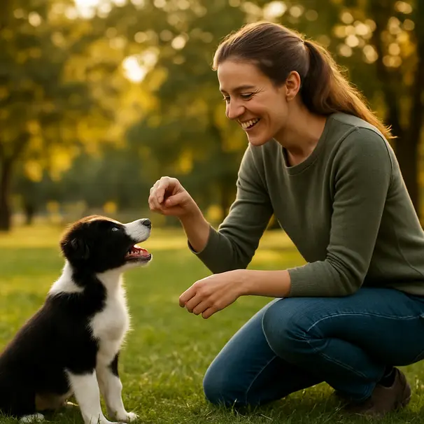 Pet carer rewarding a black and white border collie puppy sitting on grass at a neighborhood park during golden hour