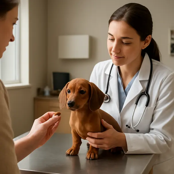 Vet gently examining a small brown dachshund puppy on an exam table while the owner offers treats in a calm clinic room