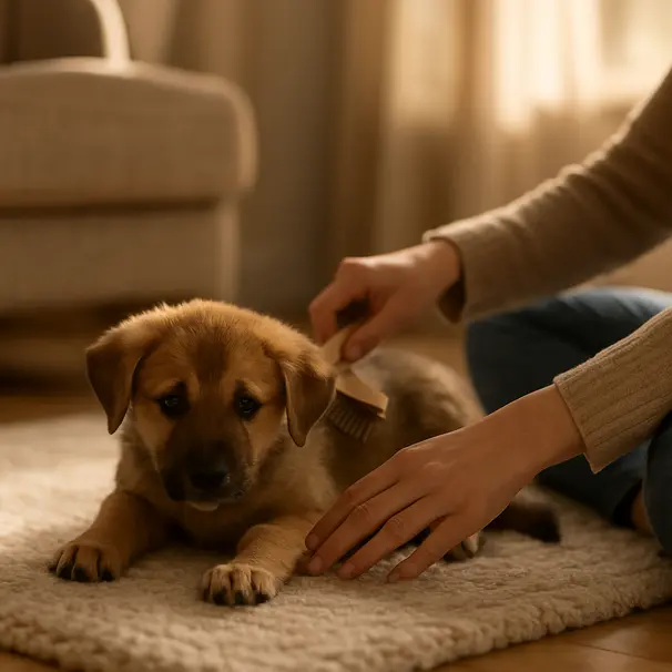 Owner gently brushing a small mixed-breed puppy's coat on a rug in a sunlit living room, touching its paw while the puppy relaxes
