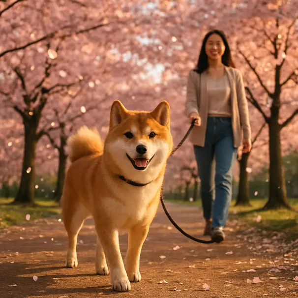 Shiba Inu walking under cherry blossom trees in a sunlit park, petals falling around it.