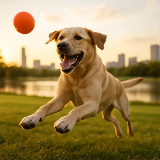 Labrador retriever jumping to catch a ball in a grassy urban park at golden hour.