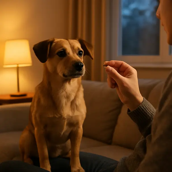 Small mixed-breed dog on owner's lap in a cozy living room receiving a treat during gentle name training.