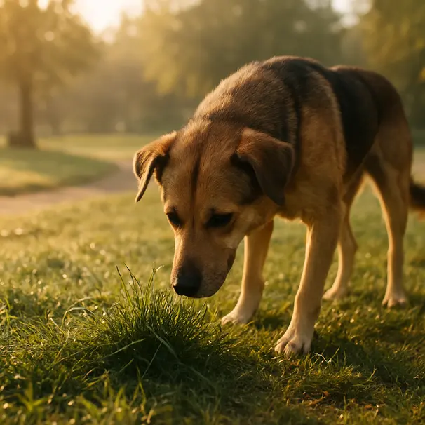 Mixed-breed dog sniffing a grassy patch at sunrise in a suburban park, close-up on nose and eyes