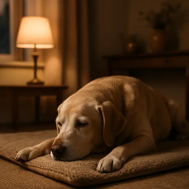 Senior Labrador resting on a mat indoors by a window, lifting head to sniff the floor in a warm evening setting
