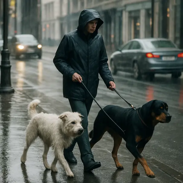 Pet carer in a raincoat walking two different-breed dogs on a wet city sidewalk with reflections and motion in the background